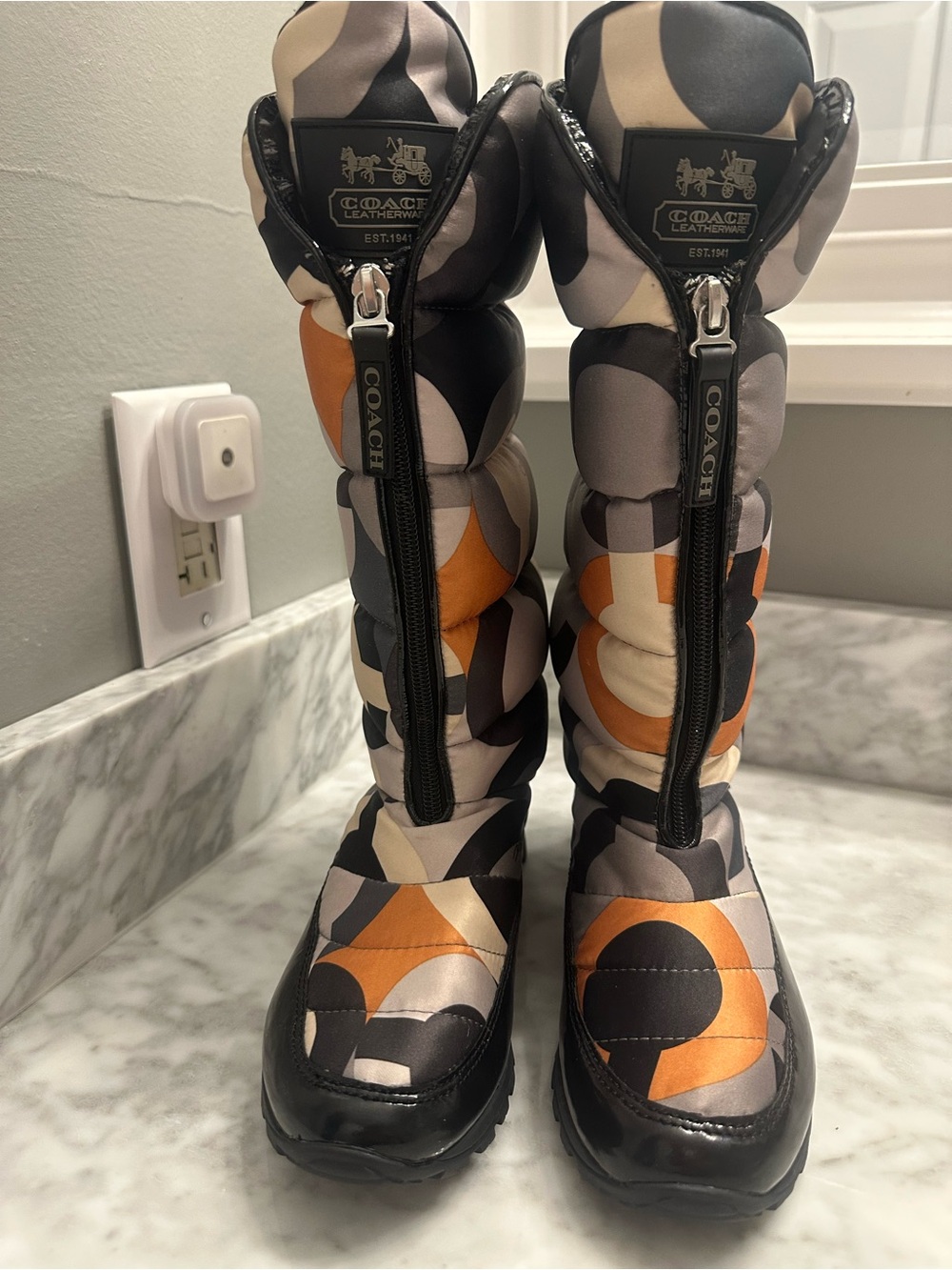 Coach women's Puffer Boots in Black, Gray, Cream & Orange Geometric Print NWT